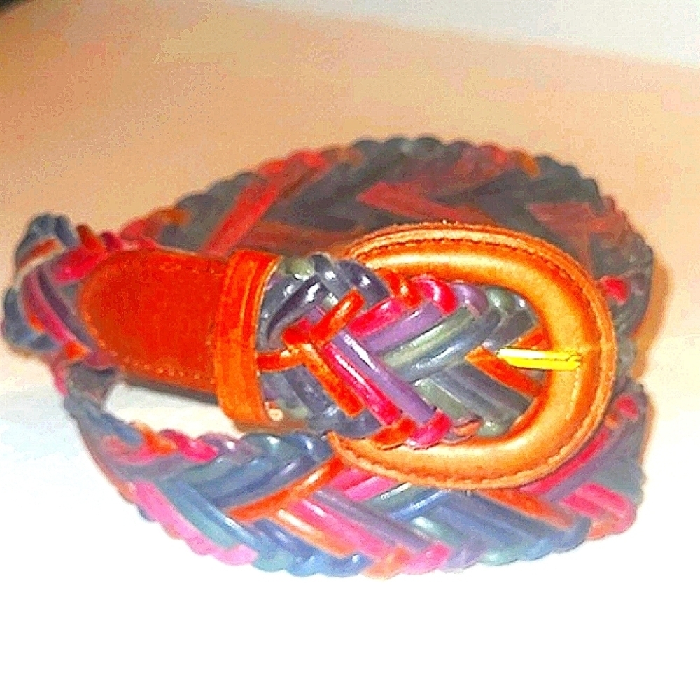 Belt 1.25" wide woven genuine  leather tan red green black multicolor 32" Large